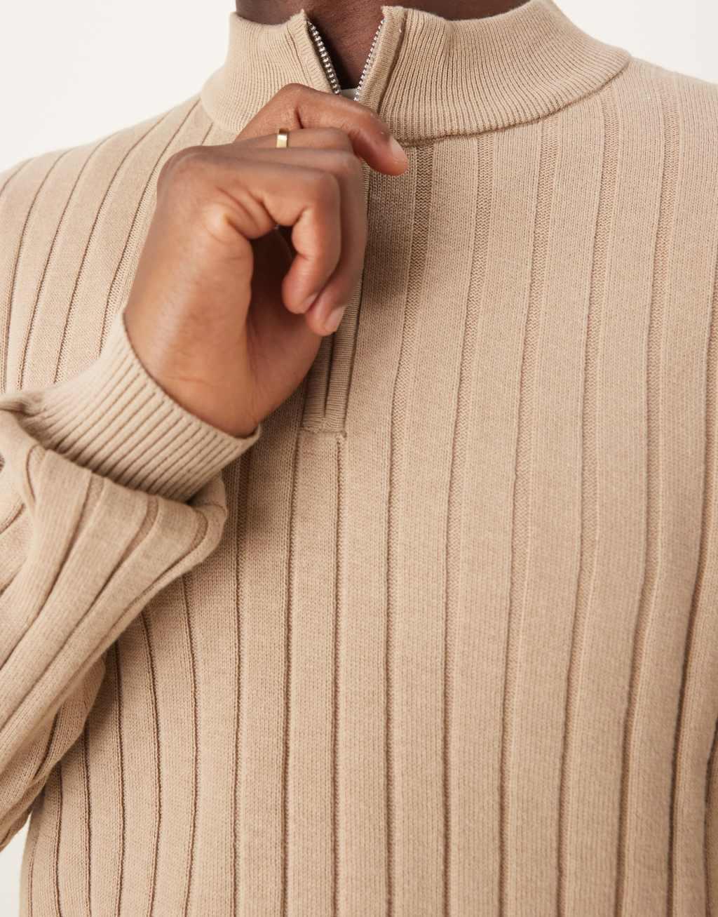ASOS DESIGN essential muscle fit knitted rib quarter zip sweater in taupe Product Image