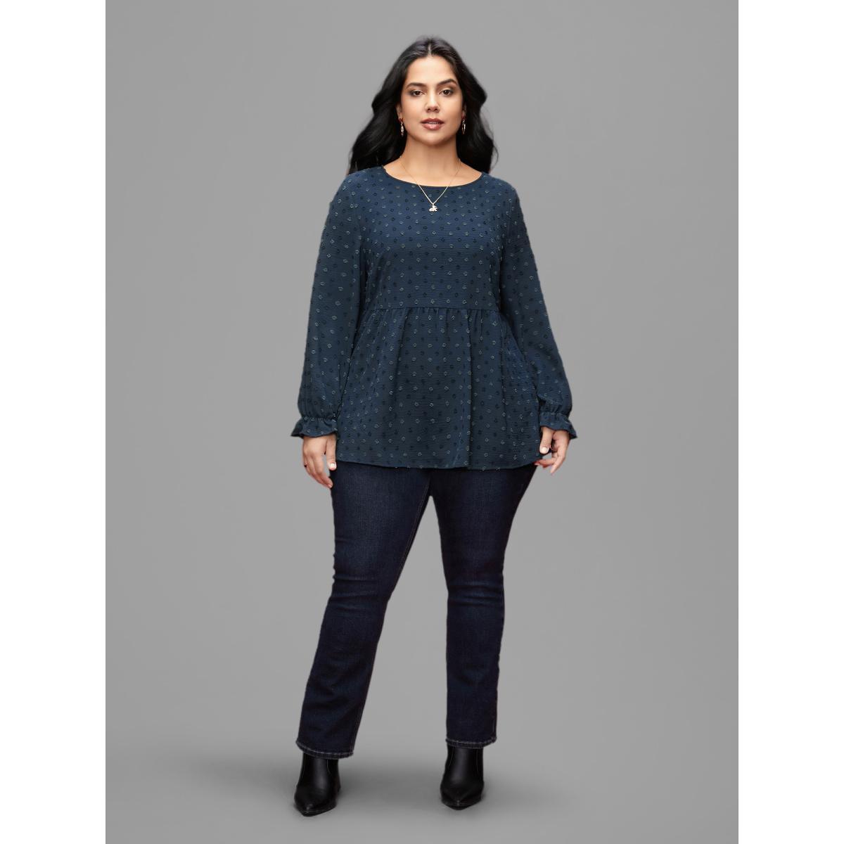 Plus Size Indigo Textured Dot Elastic Cuffs A-line Blouse Women Casual Long Sleeve Round Neck Everyday Blouses BloomChic 28/5X Product Image