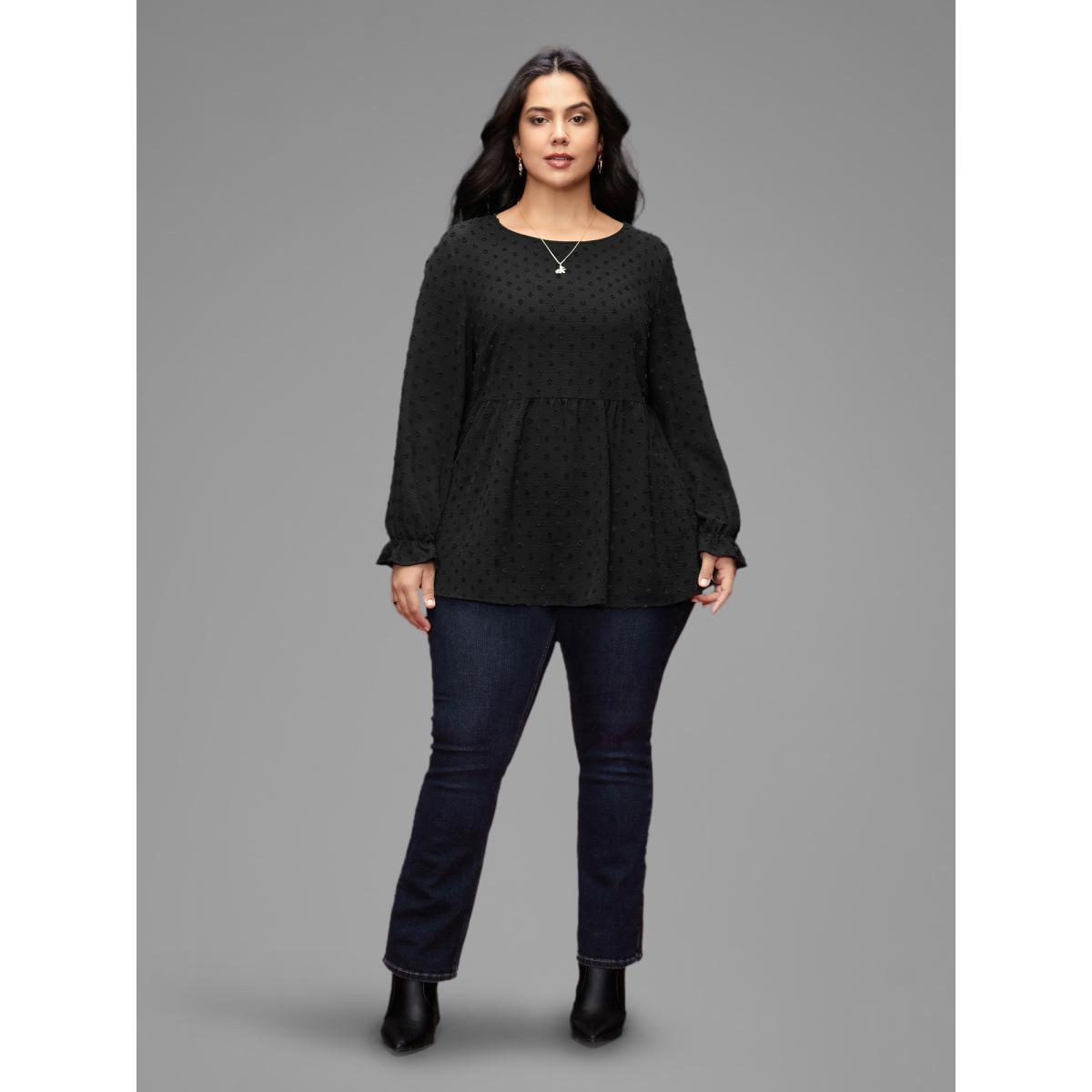 Plus Size Black Textured Dot Elastic Cuffs A-line Blouse Women Casual Long Sleeve Round Neck Everyday Blouses BloomChic 12/L Product Image
