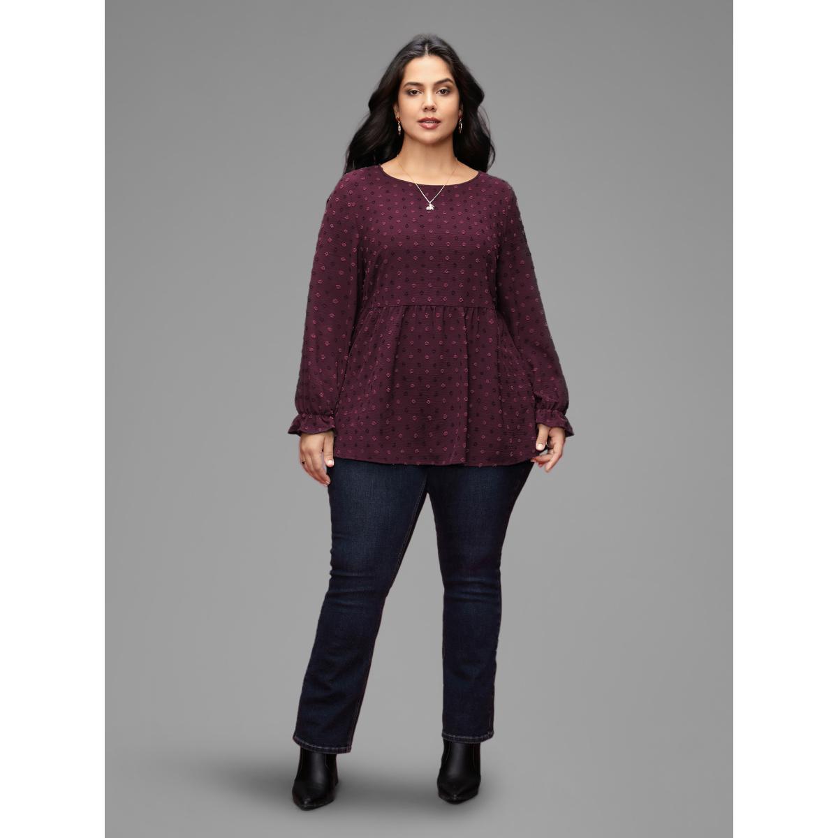 Plus Size Indigo Textured Dot Elastic Cuffs A-line Blouse Women Casual Long Sleeve Round Neck Everyday Blouses BloomChic 28/5X Product Image