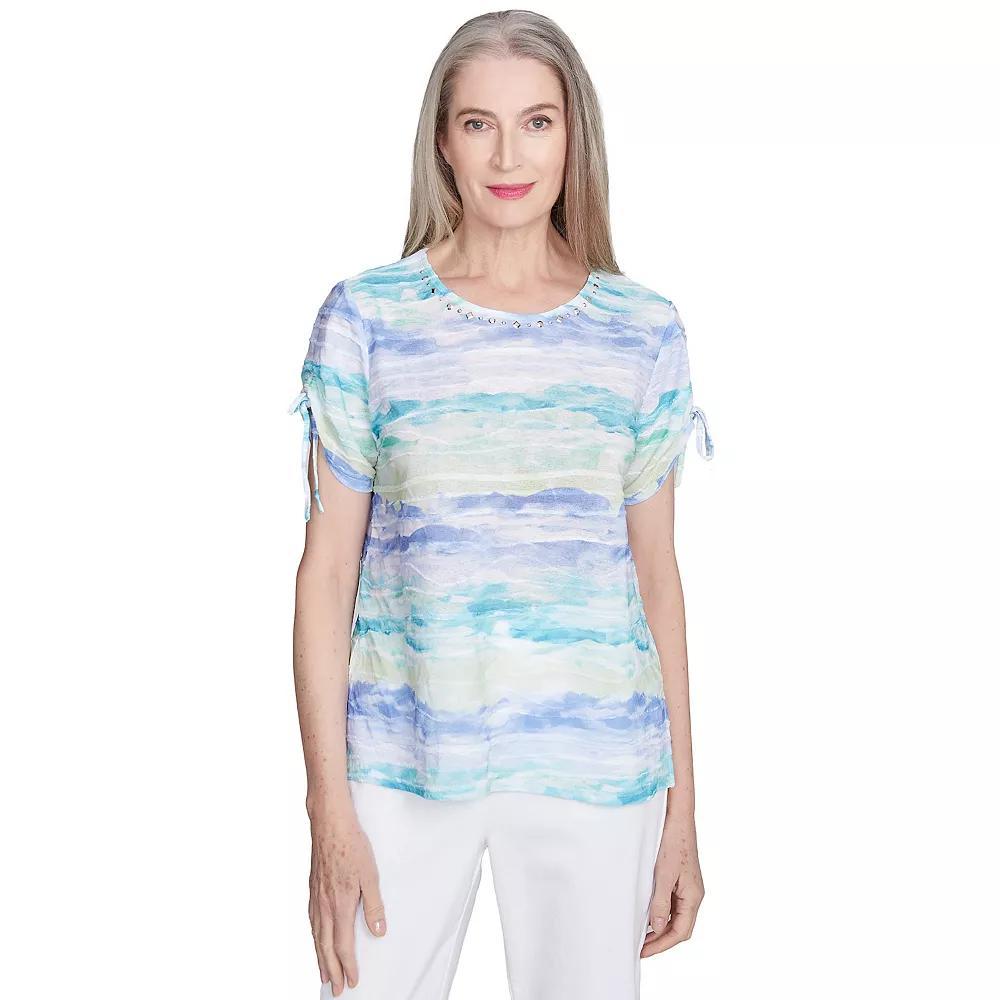 Petite Alfred Dunner Tied Short Sleeve Watercolor Top, Women's, Size: Large Petite, Blue Product Image