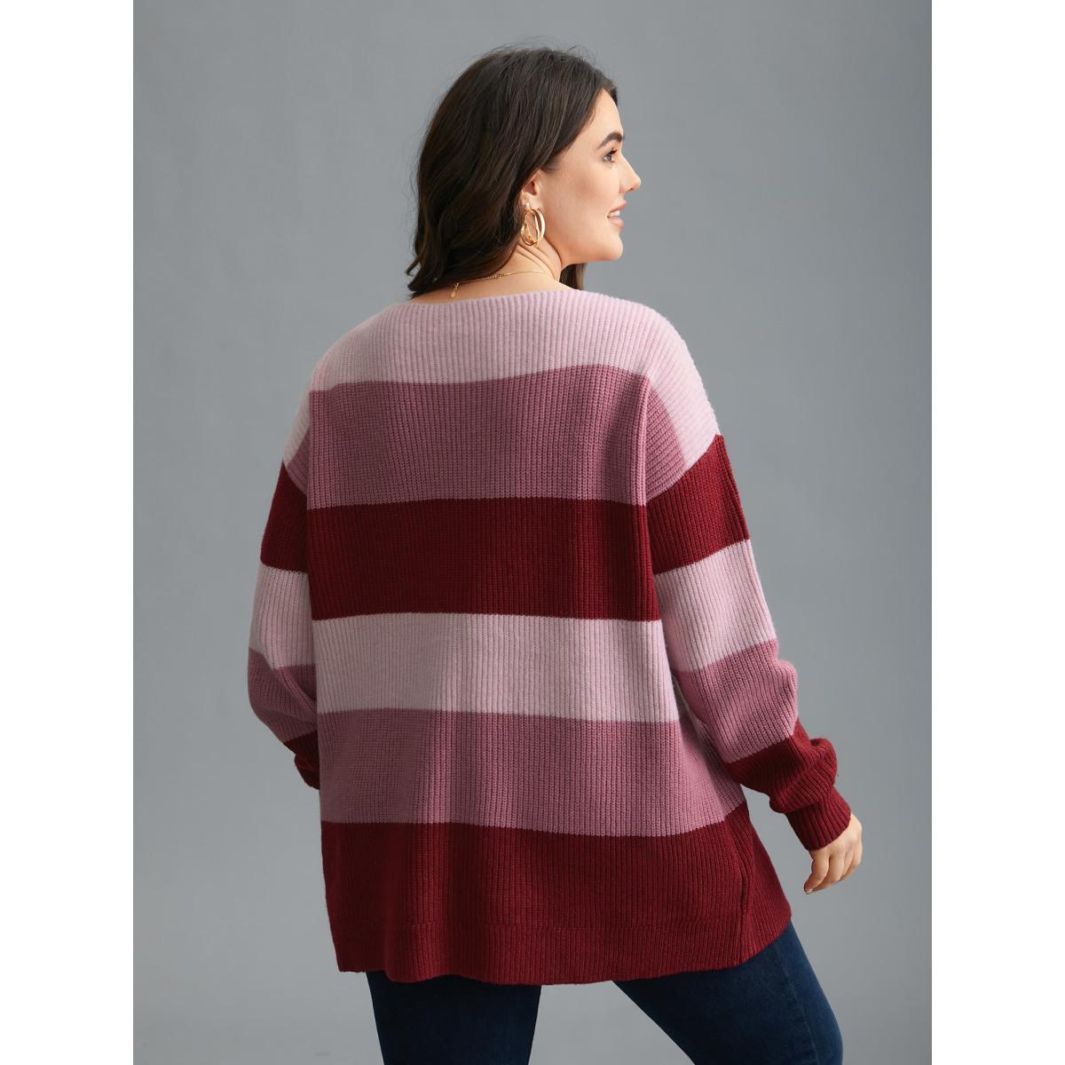 Plus Size Supersoft Essentials Color Block Drop Shoulder Pullover RedViolet Women Casual Loose Long Sleeve V-neck Everyday Pullovers BloomChic 30/6X Product Image