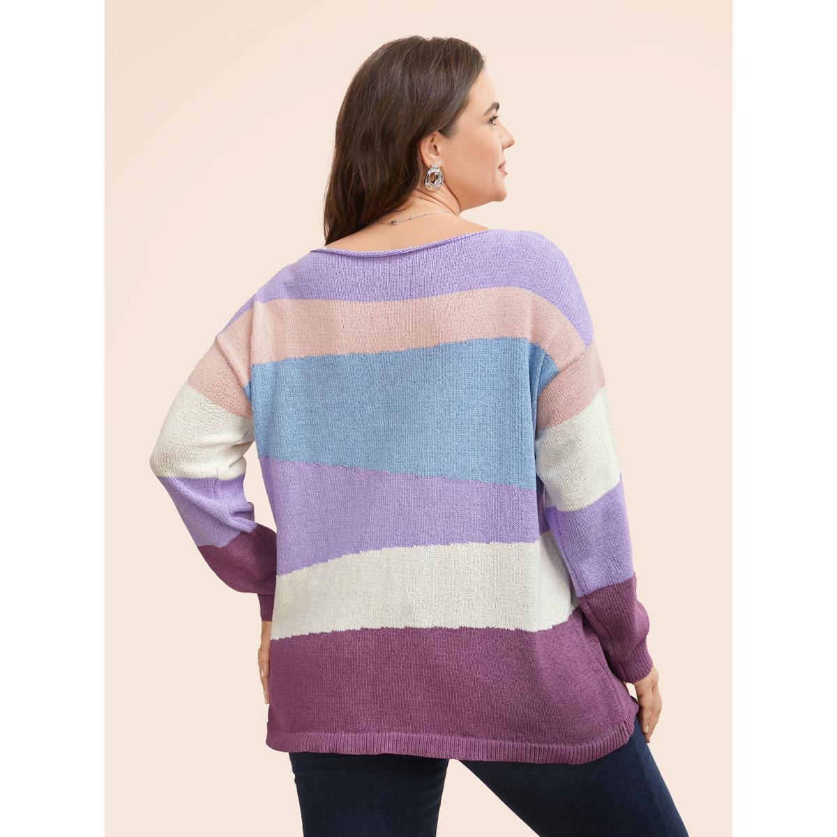 Plus Size Colorblock Contrast Boat Neck Drop Shoulder Pullover Multicolor Women Casual Long Sleeve Boat Neck Everyday Pullovers BloomChic 12/L Product Image