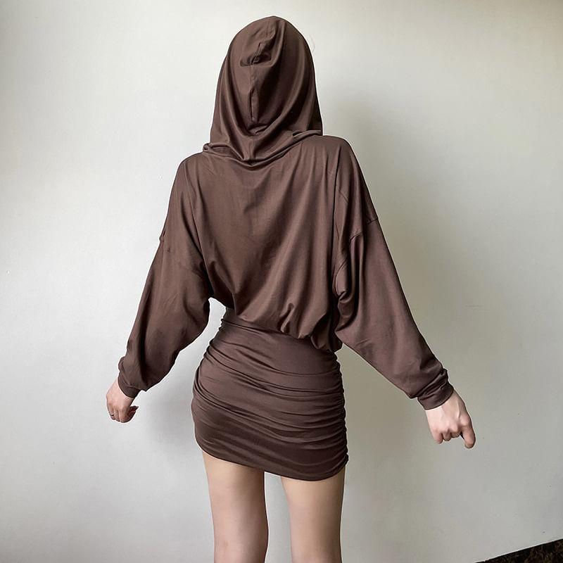 Long-Sleeve Hooded Plain Bucked Mini Bodycon Dress Product Image