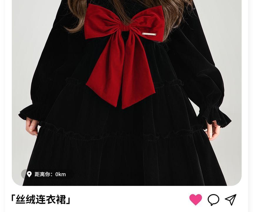 Long Sleeve  Square Neck Bow Velvet Mini A-Line Dress Product Image