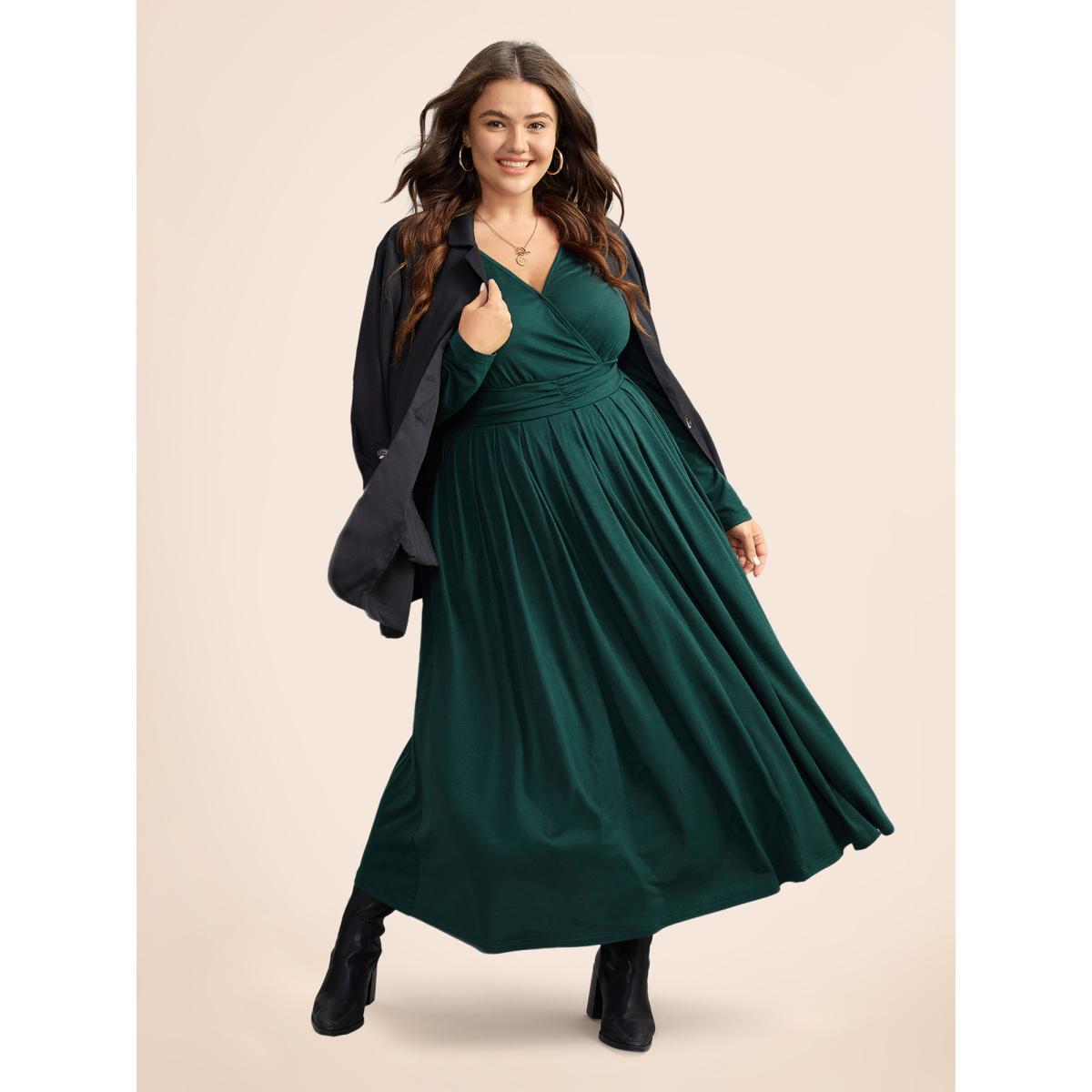 Plus Size Supersoft Essentials Ruched Wrap Pleated Hem Dress DarkGreen Women Casual Non Overlap Collar Long Sleeve Curvy Midi Dress BloomChic 26/4X Product Image