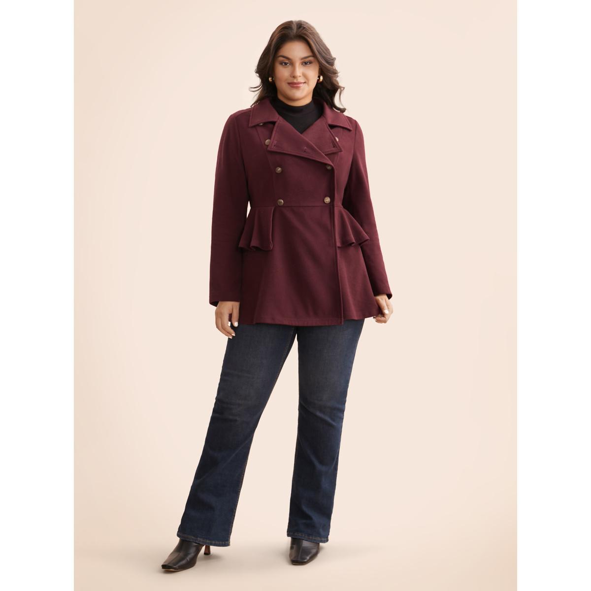 Plus Size Plain Button Up Ruffle Trim Coat Women Scarlet Elegant Button Bodycon Ladies Everyday Winter Coats BloomChic 12/L Product Image