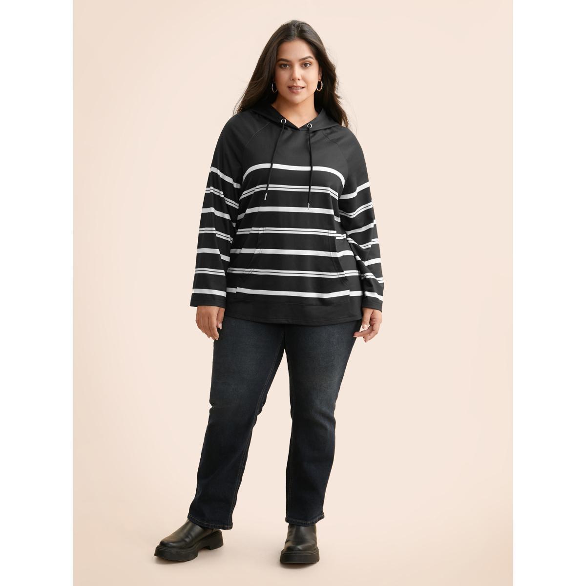 Plus Size Striped Hooded Drawstring Raglan Sleeve Sweatshirt Women Black Casual Eyelet Loose Hooded Everyday Sweatshirts BloomChic 26/4X Product Image