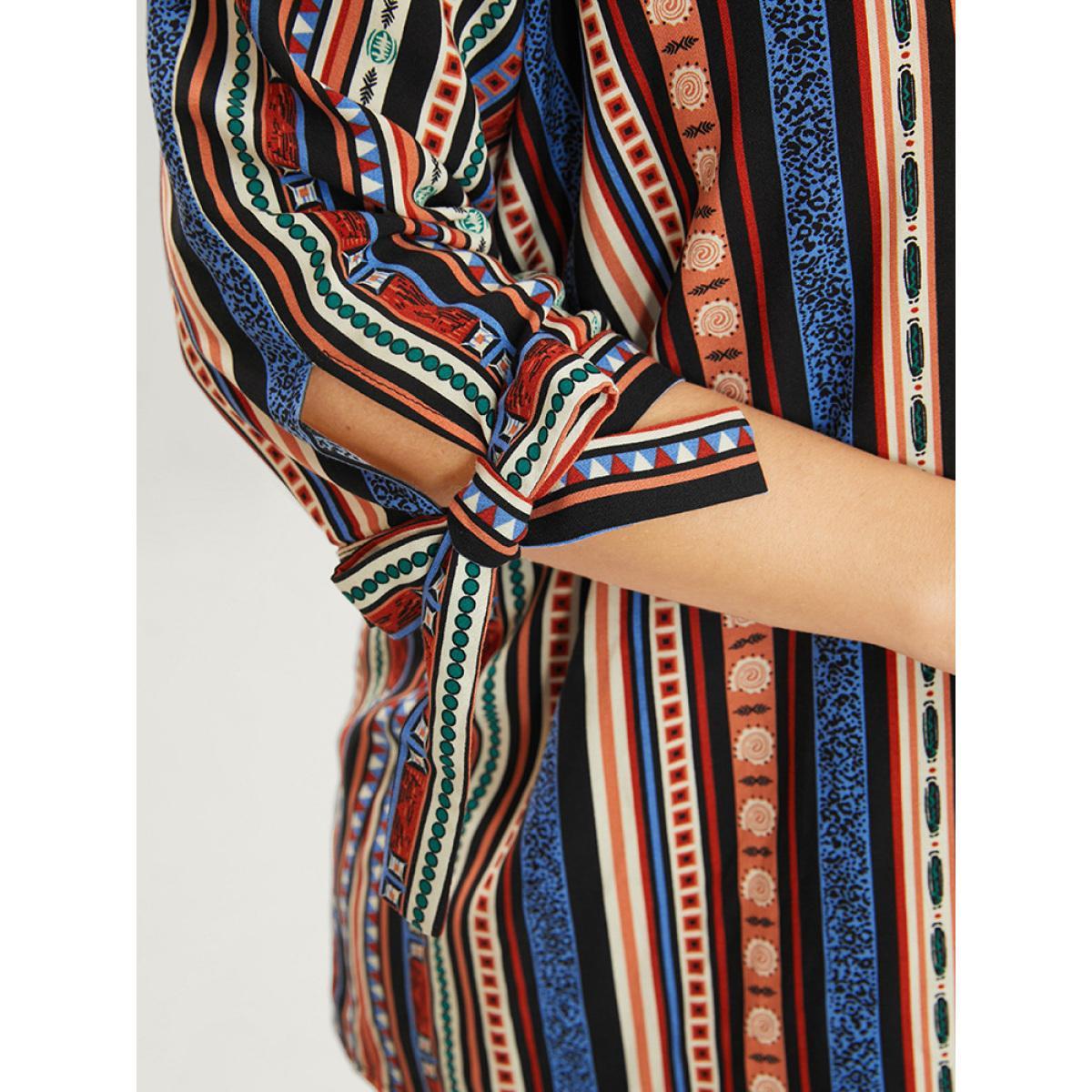 Plus Size Black Striped Geometric Patchwork Knotted Sleeve Blouse Women Vacation Elbow-length sleeve V-neck Dailywear Blouses BloomChic 10/M Product Image