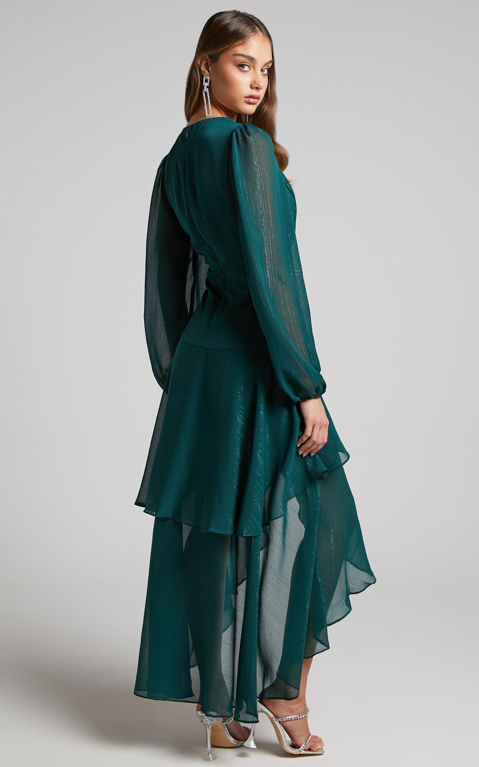 Claudita Midi Dress - Long Sleeve High Low Hem Dress in Emerald Product Image