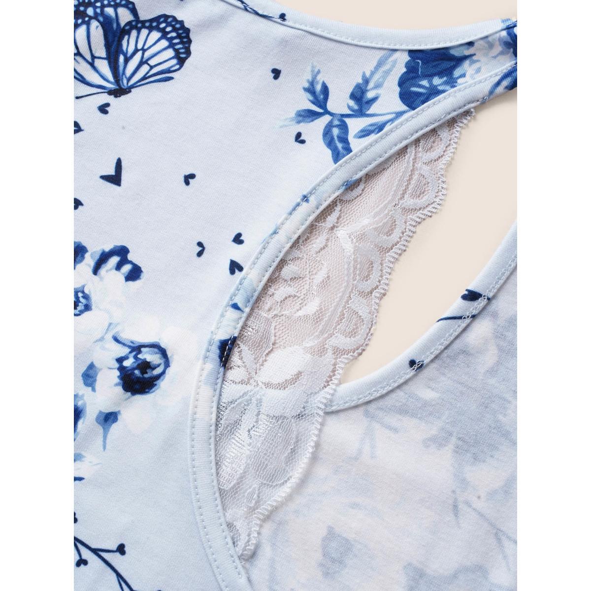 Plus Size Floral Print Lace Patchwork Pajama Sets Women Stone Floral Non Sleeveless Square Neck Lounge Loungewear Sets BloomChic 18-20/2X Product Image