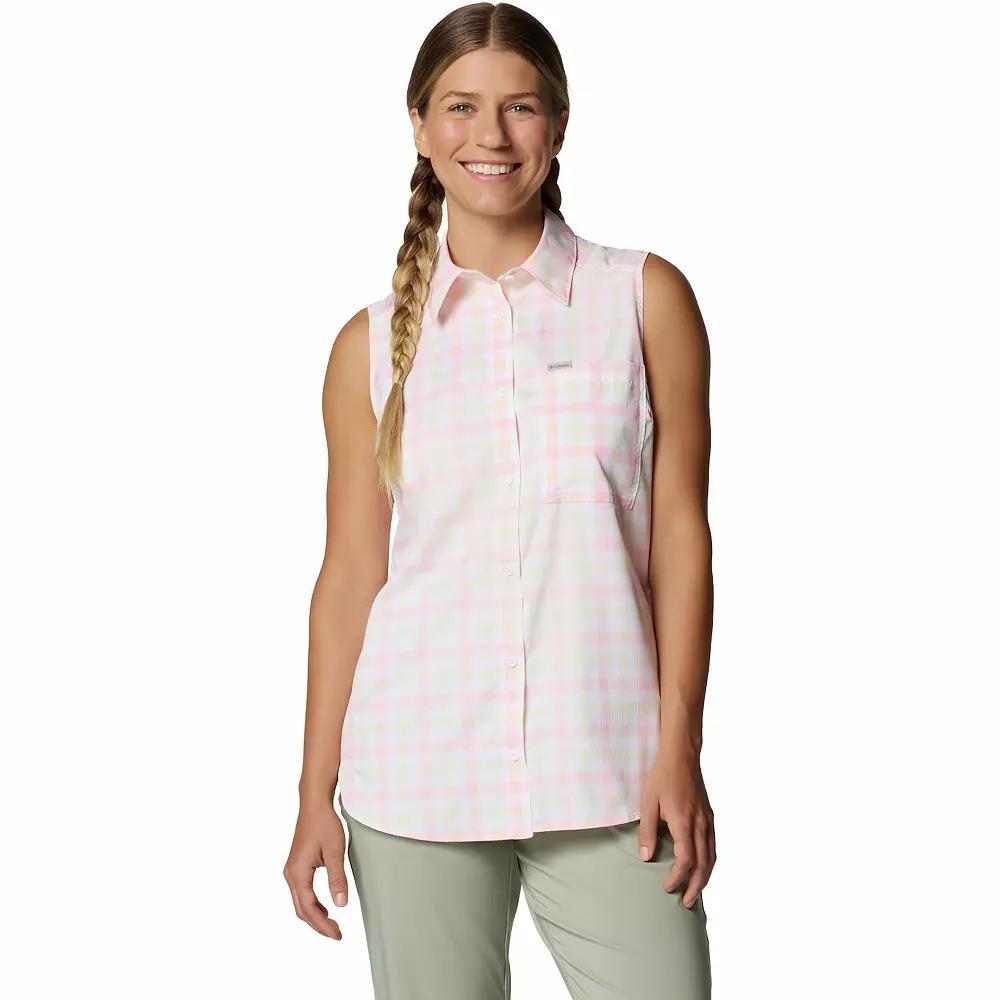 Women's Columbia Anytime Lite Collared Button Down Tank Top, Size: Small, Yellow Wash Gingham Product Image