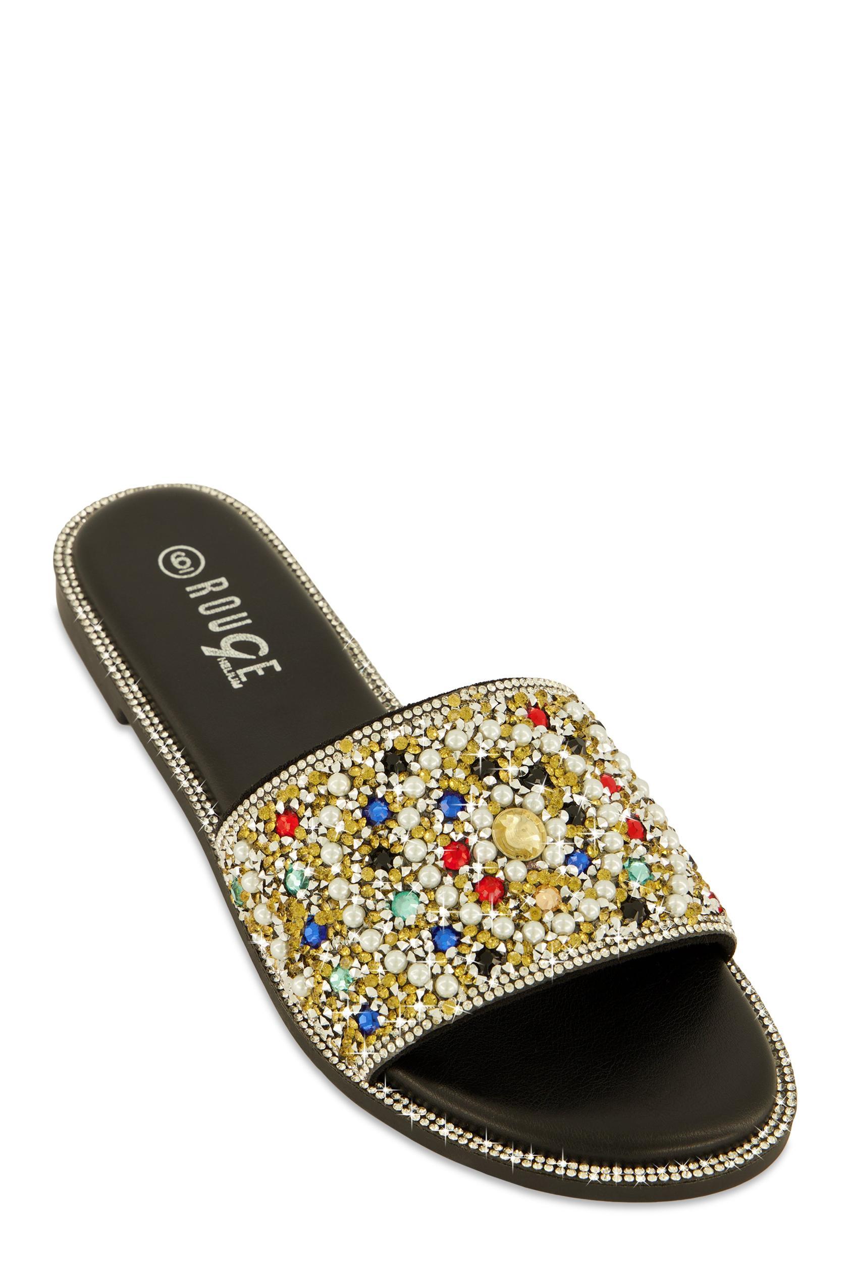 Womens Faux Pearl Rhinestone Embellished Slide Sandals Product Image