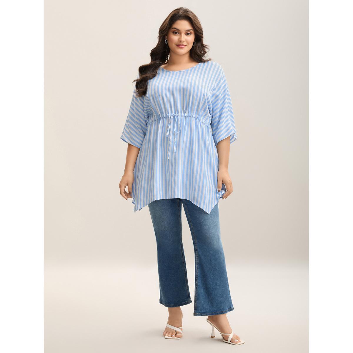 Plus Size LightBlue Cotton Linen Blend Striped Tied Blouse Women Elbow-length sleeve Round Neck Everyday-Elegant Blouses BloomChic 26/4X Product Image