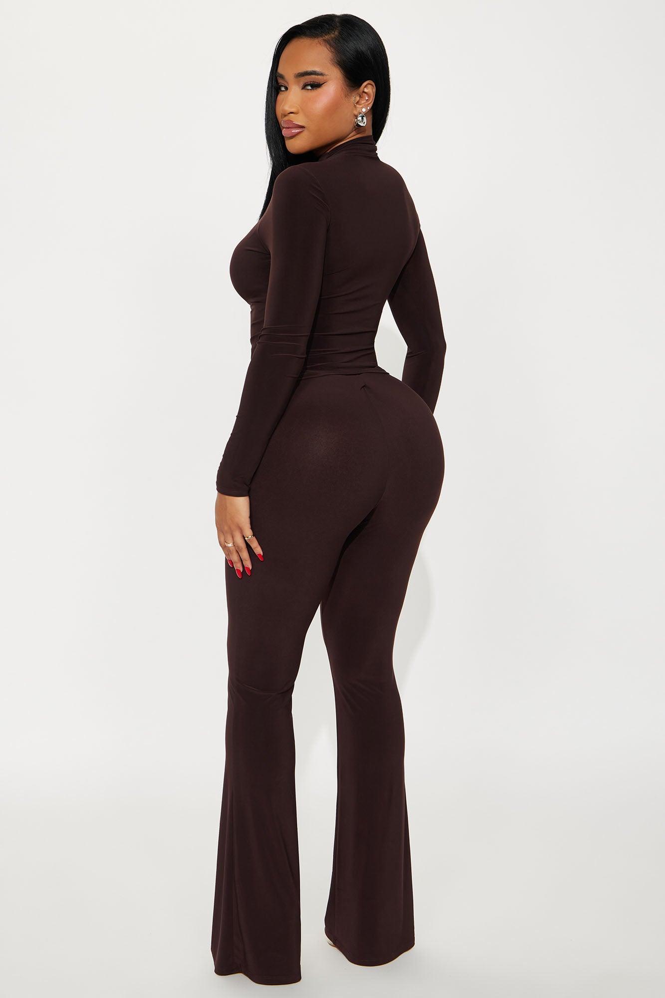 Natalie Ruched Mock Neck Pant Set - Chocolate Product Image