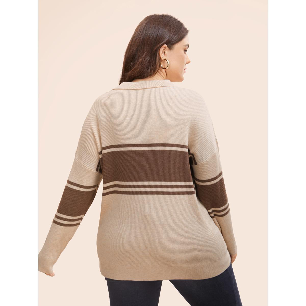 Plus Size Colorblock Contrast Striped Polo Neck Pullover Beige Women Casual Long Sleeve Polo Everyday Pullovers BloomChic 18-20/2X Product Image