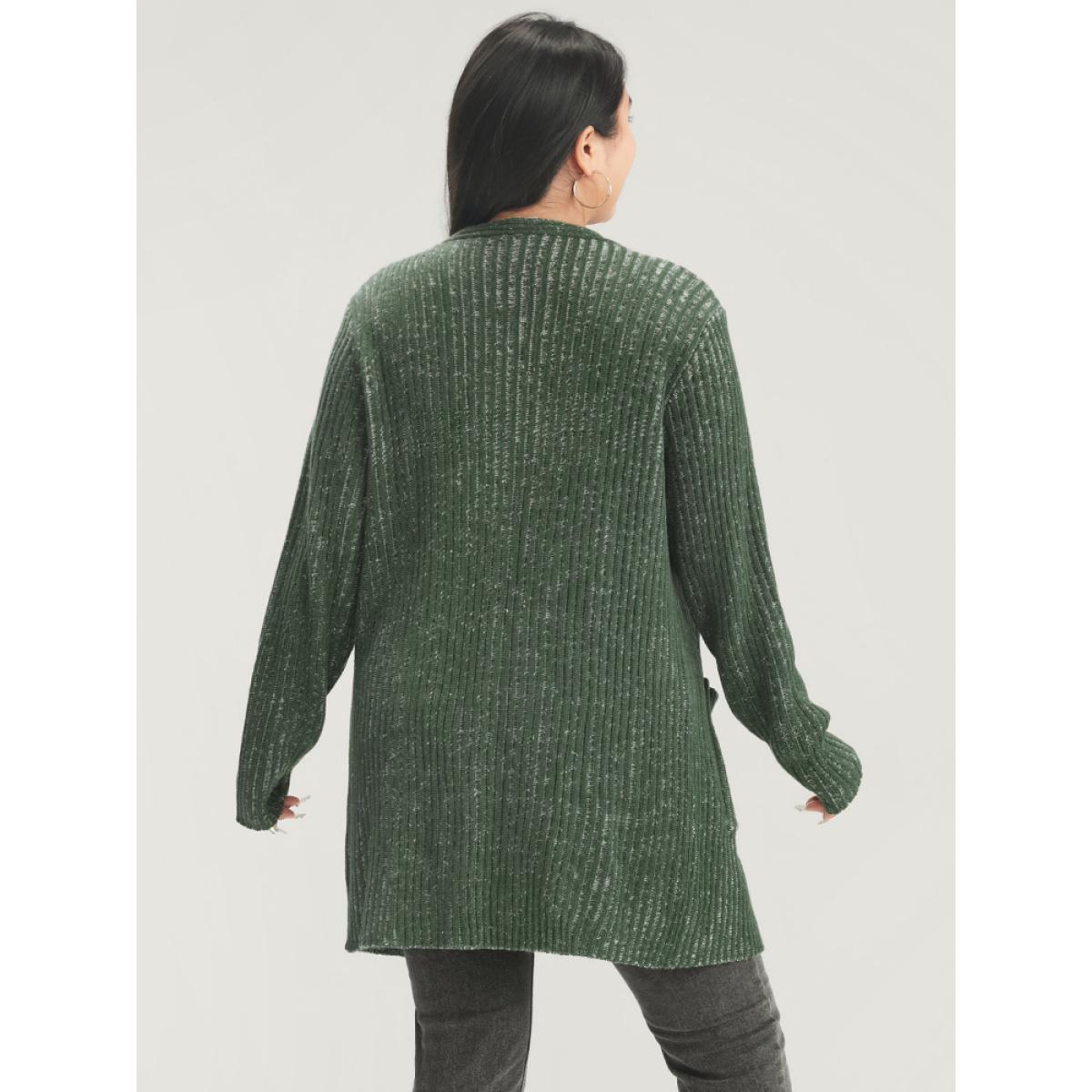 Plus Size Solid Pointelle Knit Heather Rib Knit Open Front Cardigan ArmyGreen Women Casual Loose Long Sleeve Work Cardigans BloomChic 28/5X Product Image