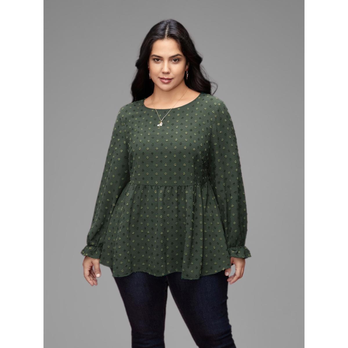 Plus Size Rust Textured Dot Elastic Cuffs A-line Blouse Women Casual Long Sleeve Round Neck Everyday Blouses BloomChic 12/L Product Image