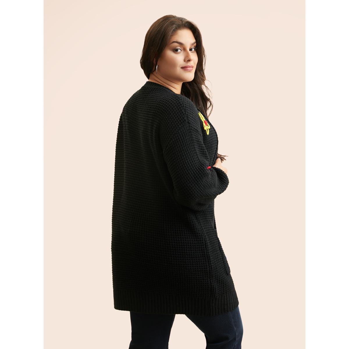 Plus Size Crochet Floral Puff Sleeve Pocket Cardigan Black Women Casual Loose Long Sleeve Everyday Cardigans BloomChic 14-16/1X Product Image