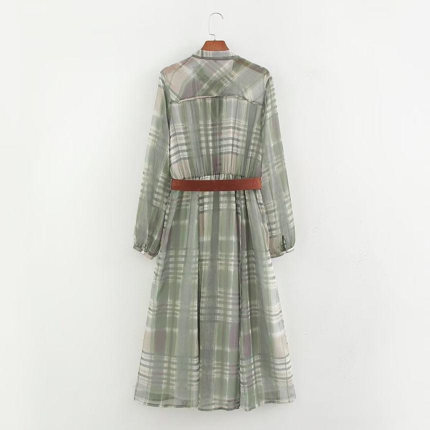 Set: Long Sleeve Tie Neck Plaid Maxi A-Line Dress + Belt Product Image