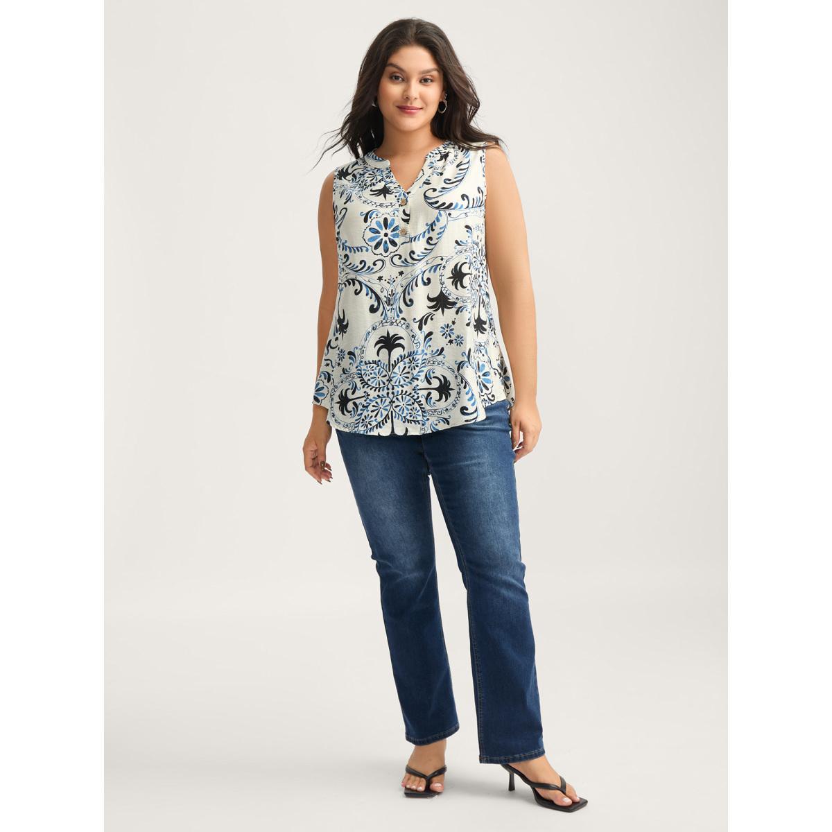 Plus Size Silhouette Floral Print Tank Top Women Mediumblue Contrast Flat collar with V-notch Everyday-Elegant Tank Tops Camis BloomChic 14-16/1X Product Image