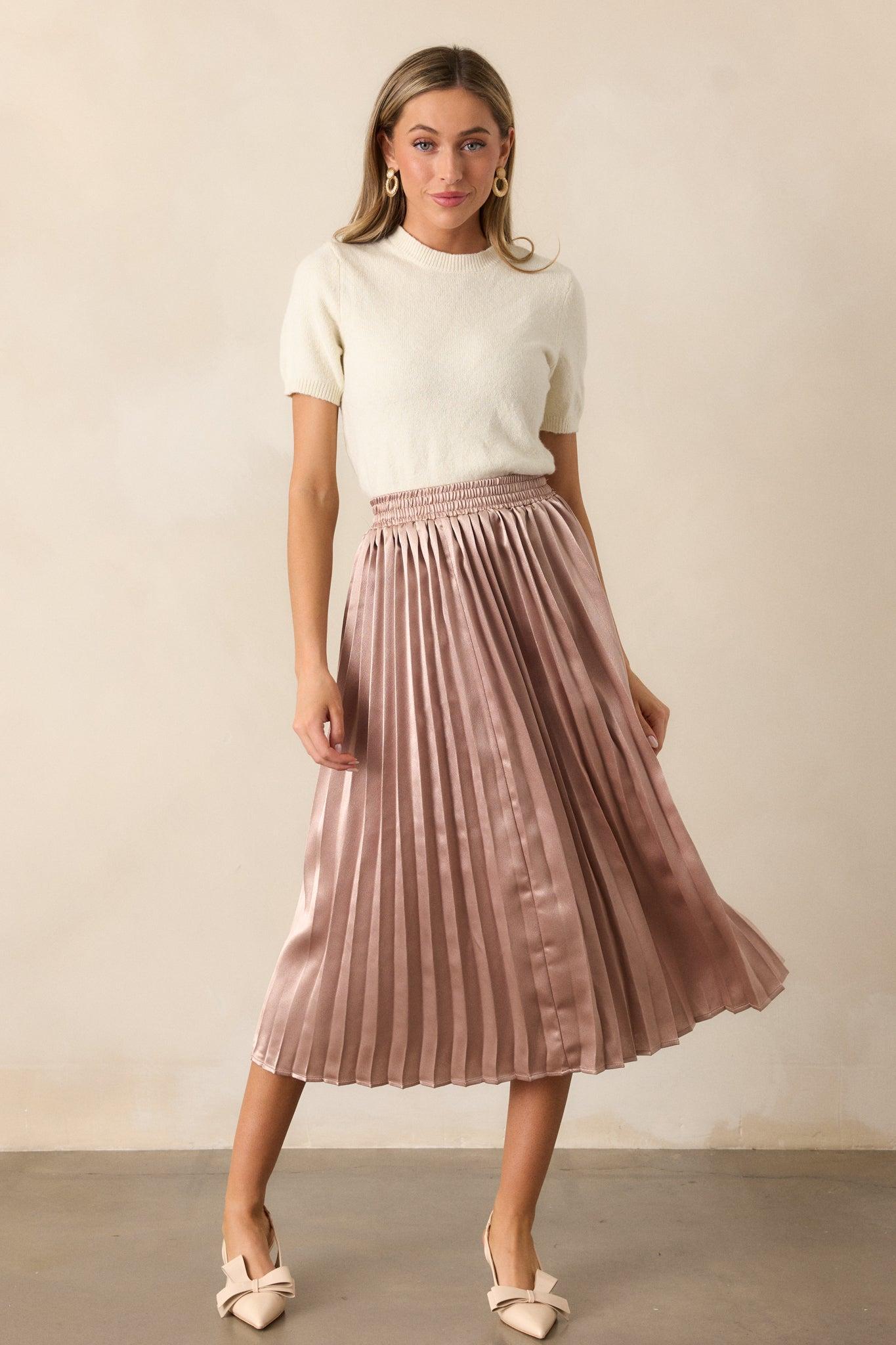 Lost In The Stars Rose Gold Pleated Midi Skirt Product Image