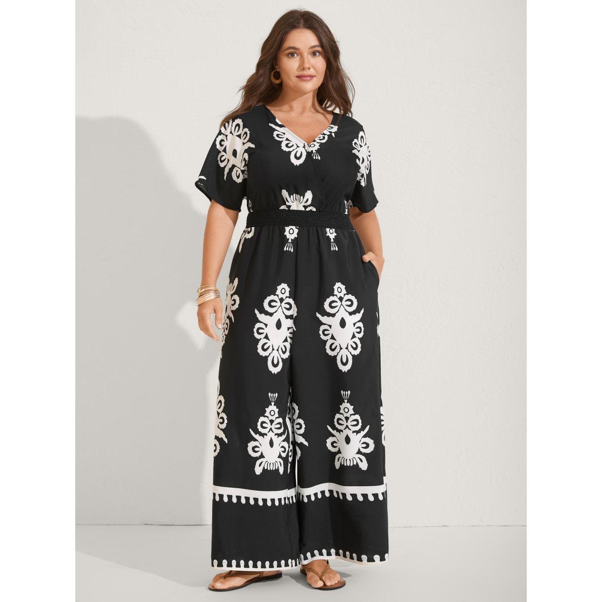 Plus Size Black Boho Print Shirred Waist Surplice Jumpsuit Women Short sleeve Overlap Collar Vacation Loose Jumpsuits BloomChic 26/4X Product Image