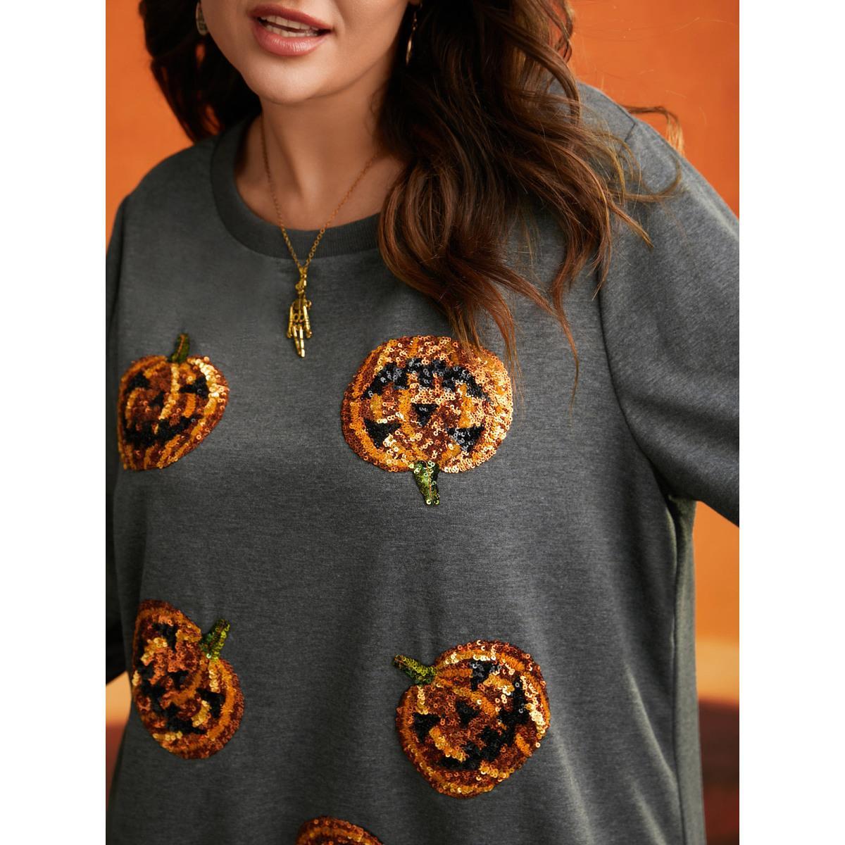 Plus Size Jack-O-Lantern Sequin Sweatshirt Women DimGray Casual Contrast Loose Round Neck Everyday Sweatshirts BloomChic 10/M Product Image