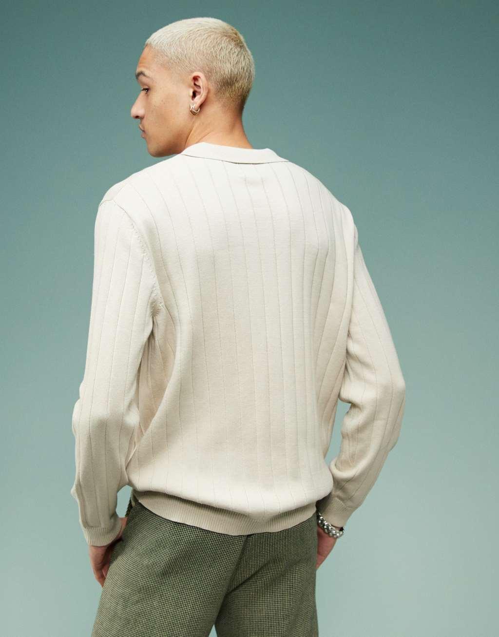 ASOS DESIGN relaxed knit wide ribbed notch neck sweater in oatmeal Product Image