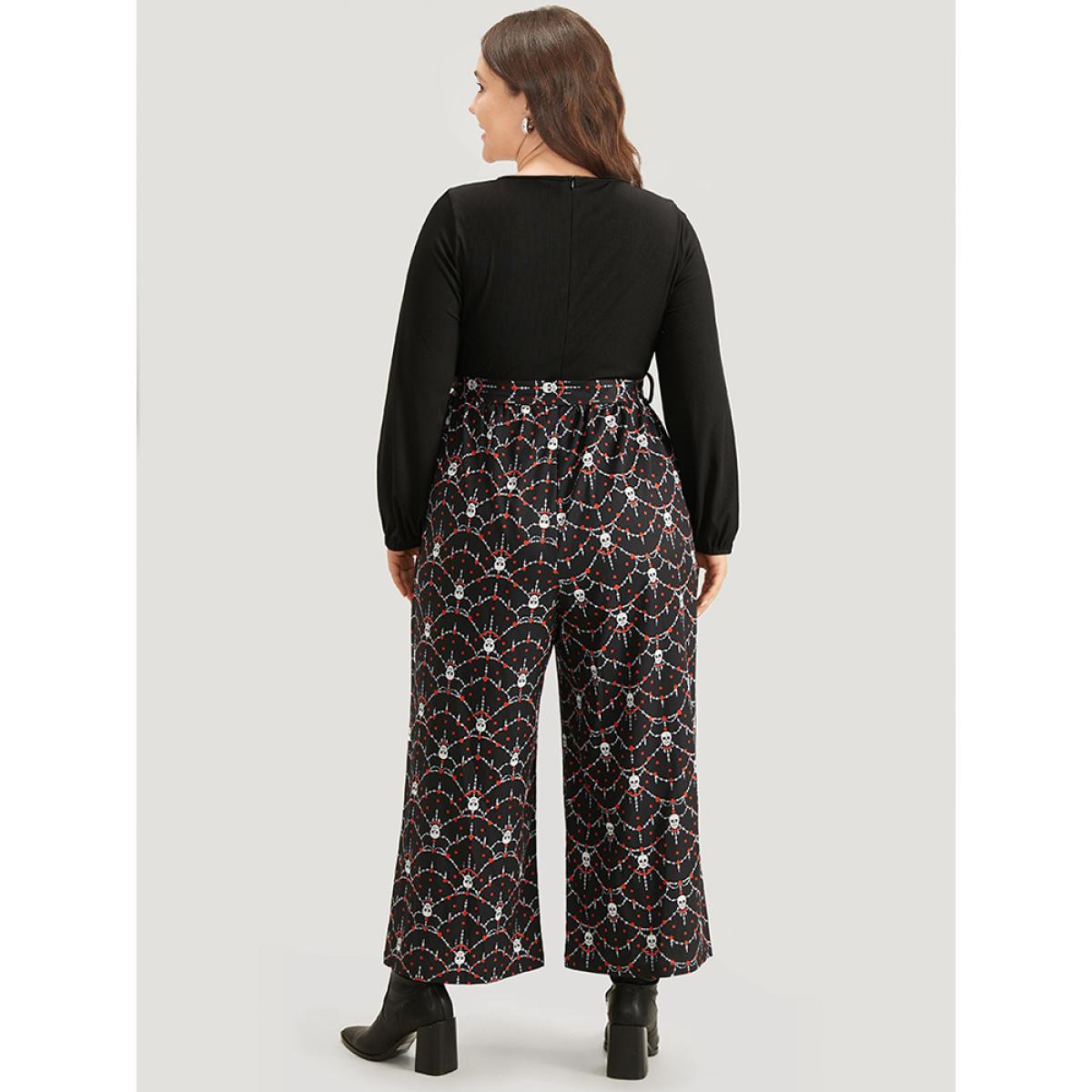 Plus Size Black Halloween Skull Print Patchwork Belted Jumpsuit Women Elegant Long Sleeve Square Neck Festival-Halloween Loose Jumpsuits BloomChic 28/5X Product Image