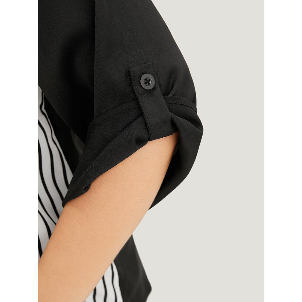 Plus Size Black Striped Patchwork Tab Sleeve Blouse Women Office Elbow-length sleeve V-neck Work Blouses BloomChic 10/M Product Image