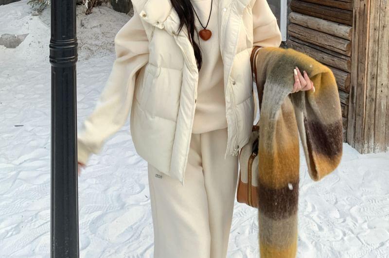 Stand Collar Plain Zip-Up Puffer Vest / Round Neck Sweatshirt / High Rise Harem Sweatpants Product Image