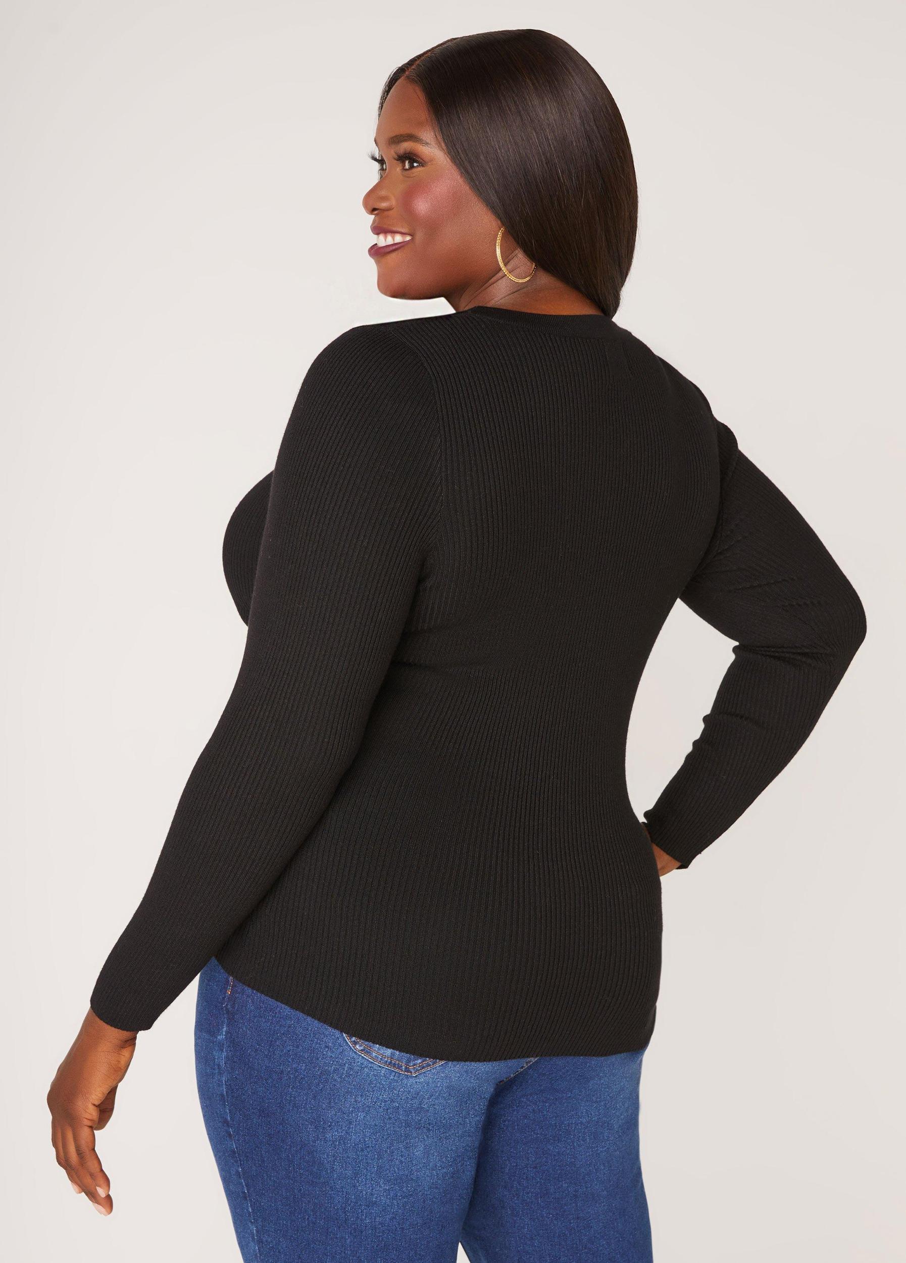 Plus Size Snap Detailed Ribbed Sweater Ashley Stewart Product Image