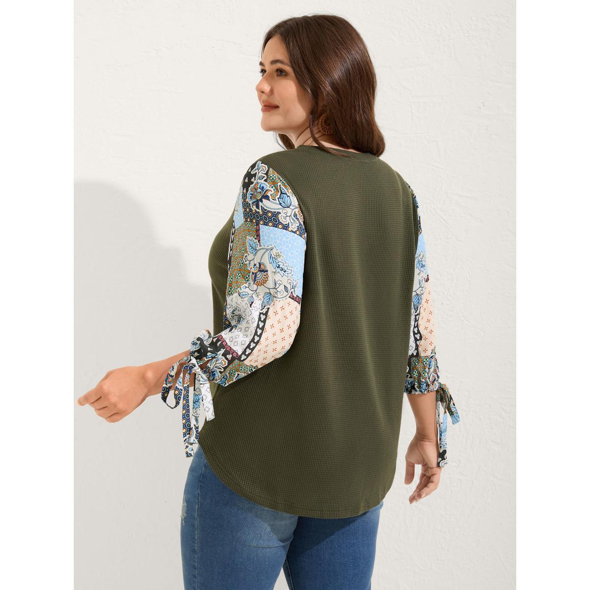 Plus Size Boho Print Ribbed Sleeve Tie Sweatshirt Women ArmyGreen Round Neck Vacation Sweatshirts BloomChic 28/5X Product Image