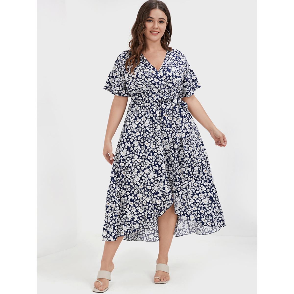 Plus Size Floral Belted Ruffles Split Pocket Wrap Dress DarkBlue Women Elegant Cross straps V-neck Short sleeve Curvy Midi Dress BloomChic 26/4X Product Image