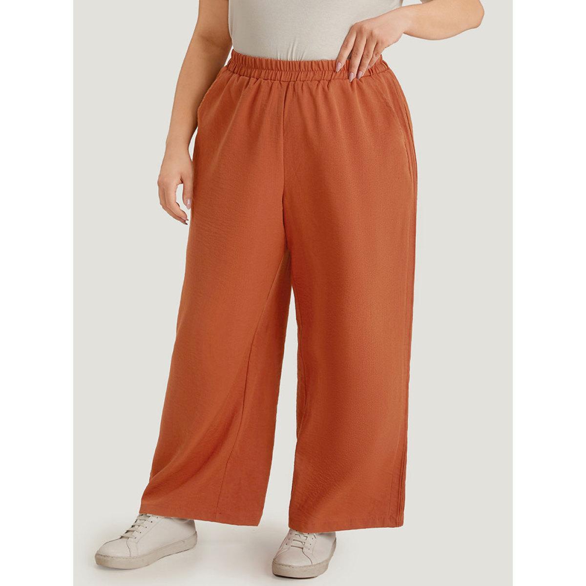 Plus Size Plain Plicated Detail Pocket Elastic Waist Wide leg Pants Women Chocolate Casual Straight Leg High Rise Dailywear Pants BloomChic 28/5X Product Image
