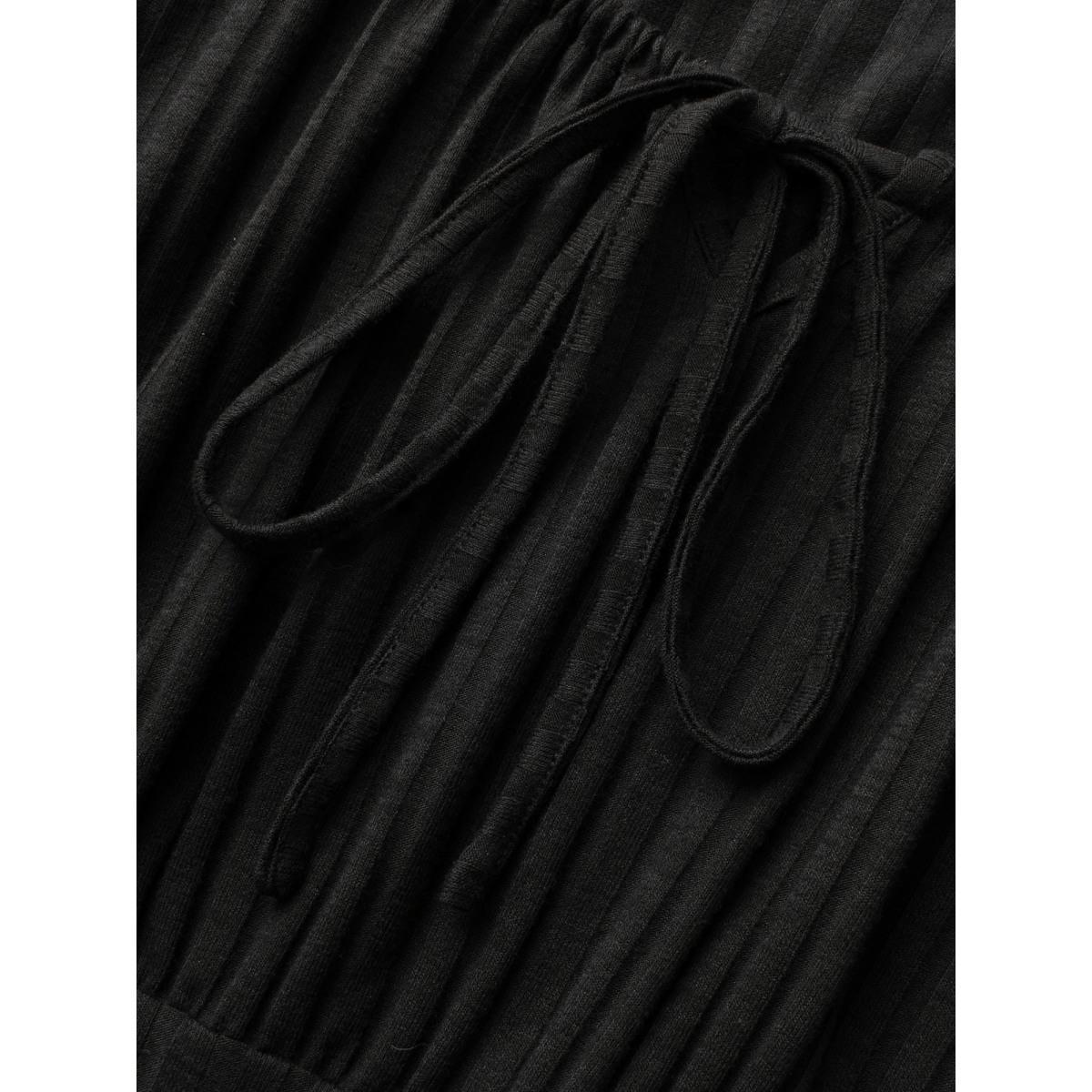Plus Size Square Neck Rib Knit Drawstring Dress Black Women Elegant Texture Square Neck Long Sleeve Curvy BloomChic 26/4X Product Image