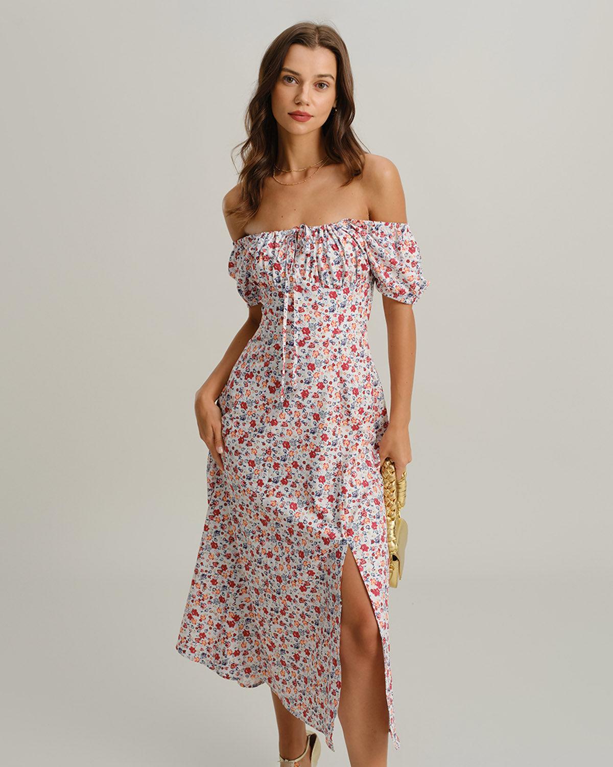 Grey Floral Square Neck Puffed Sleeve Midi Dress Product Image