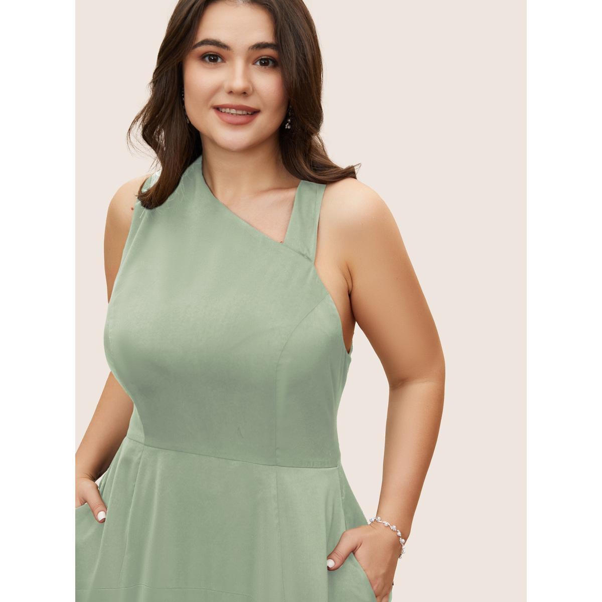 Plus Size Solid Asymmetrical Neck Split Hem Dress Palemauve Women Formal Asymmetrical Neck Sleeveless Curvy Midi Dress BloomChic 26/4X Product Image
