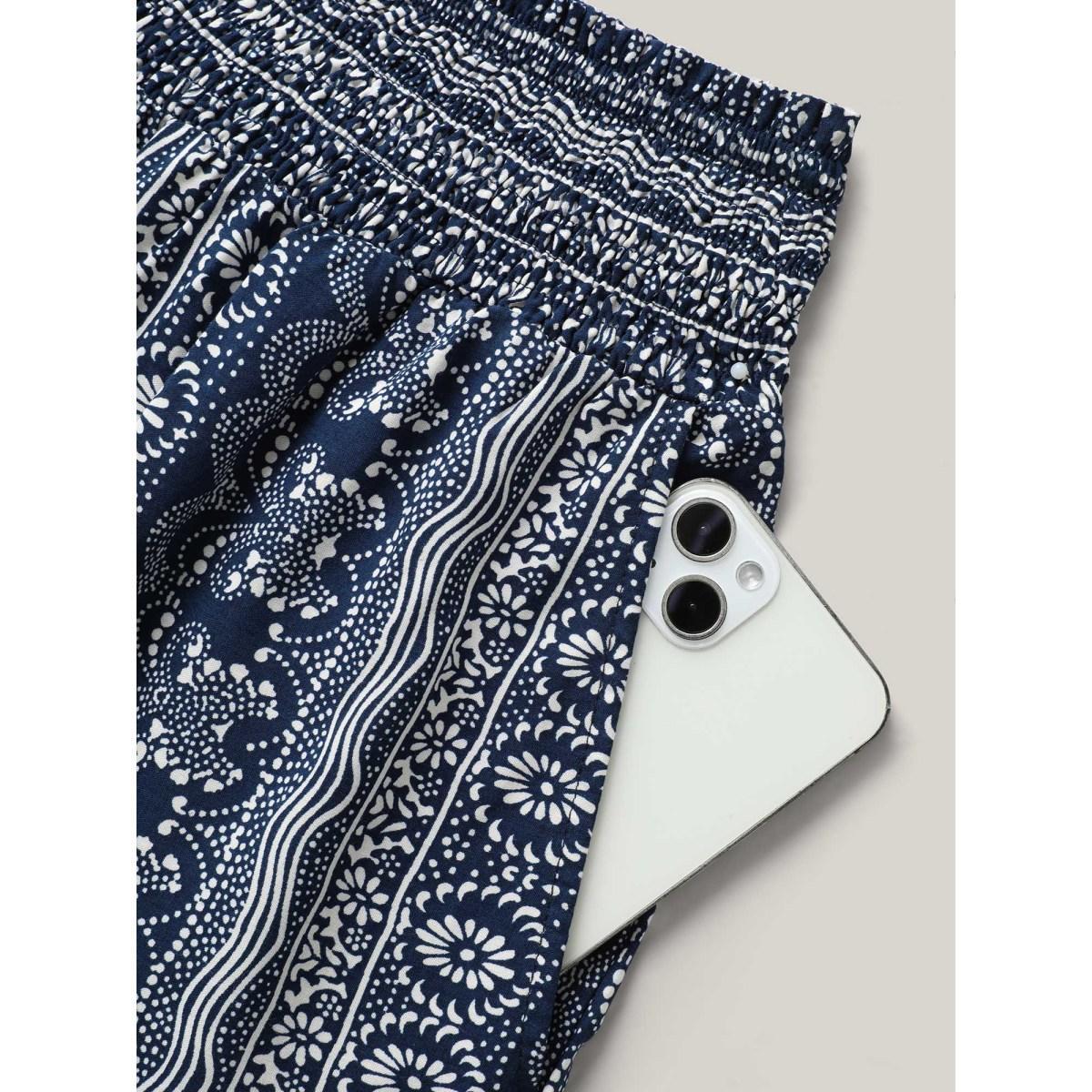 Plus Size Boho Print Shirred Waist Wide-Leg Pants Women Indigo Resort Wide Leg Mid Rise Vacation Pants BloomChic 12/L Product Image