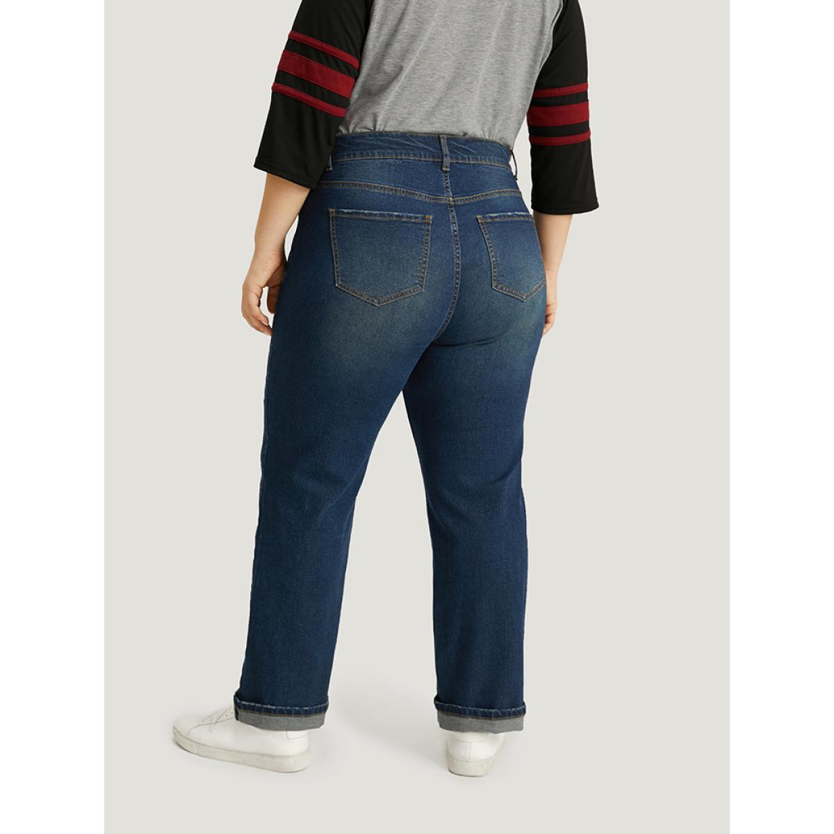 Plus Size Plain Roll Hem Medium Wash Full Length Jeans Women Indigo Casual Plain Plain High stretch Pocket Jeans BloomChic 28/5X Product Image