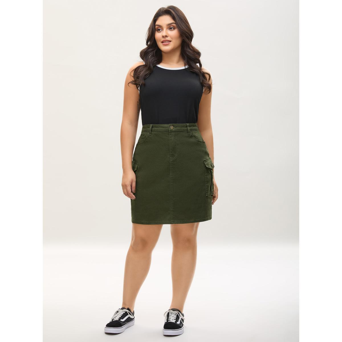 Plus Size Flap Detail Classic Cut Midi Denim Skirt Women Denimarmygreen Everyday-Casual Button Low stretch Medium Wash 24/3X Slanted pocket Elegant Denim Skirts BloomChic Product Image