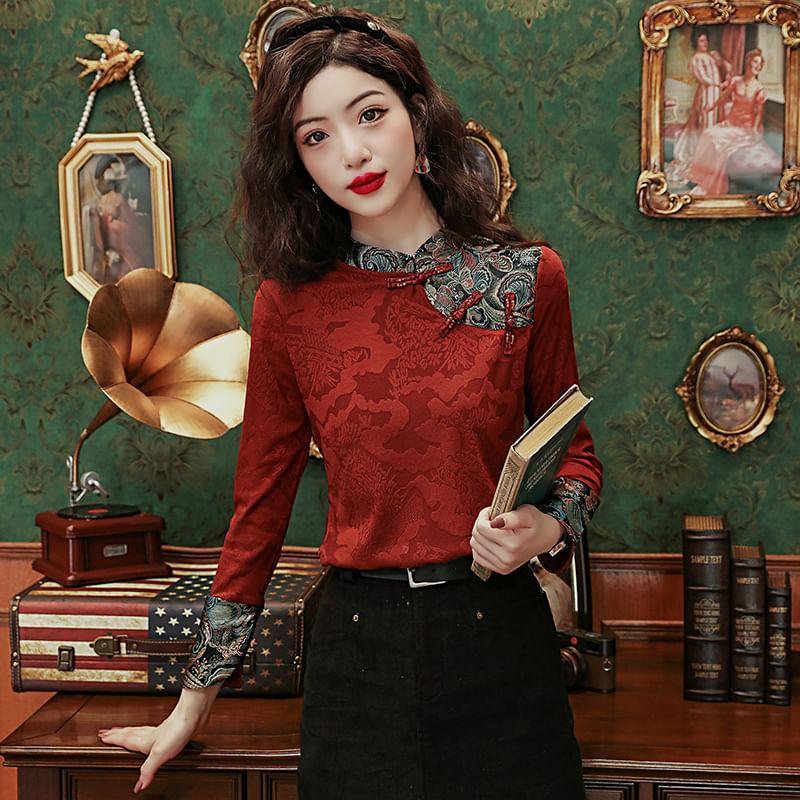 Long-Sleeve Mandarin Collar Patterned Panel Jacquard Blouse Product Image