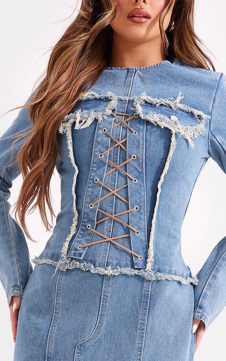 Light Blue Wash Freyed Pannel Detail Lace Up Maxi Denim Dress Product Image