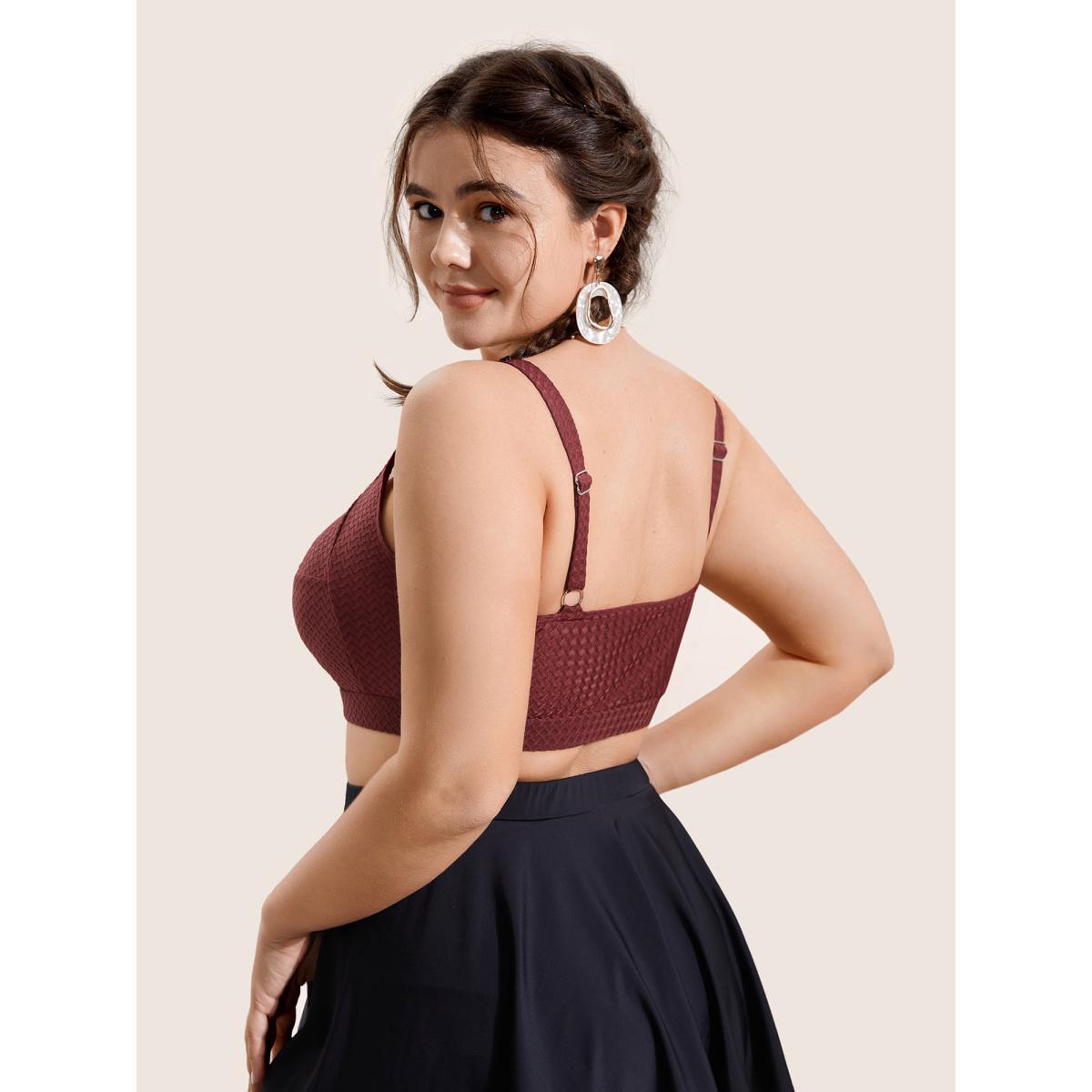 Plus Size Solid Twist Texture Swim Top Women's Swimwear Burgundy Beach Twist High stretch Skinny Heart neckline Curve Swim Tops BloomChic 18-20/2X Product Image