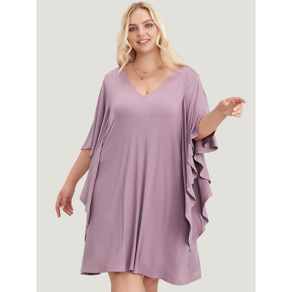 Plus Size Solid Dolman Sleeve Ruffle Trim Pocket Rib Knit Knee Dress Mauve Women Casual Pocket V-neck Half Sleeve Curvy Knee Dress BloomChic 30/6X Product Image