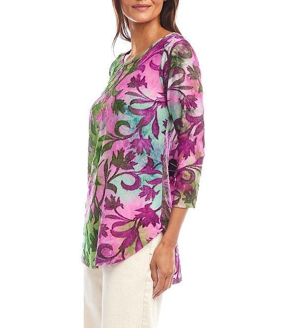 Karen Kane Knit Tie-Dye Burnout Floral Print Scoop Neck 3/4 Sleeve Top Product Image
