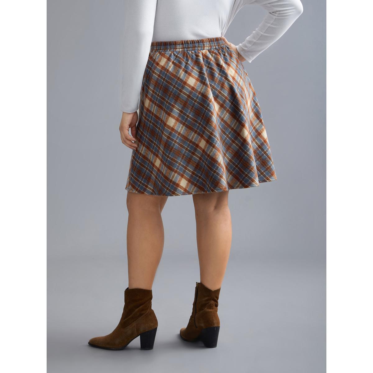Plus Size Plaid Pattern Elastic Waist A-line Mini Skirt Women LightBlue Elegant Low stretch Slanted pocket Everyday Skirts BloomChic 30/6X Product Image