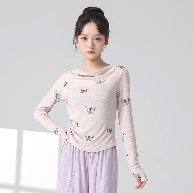 Long-Sleeve Boatneck Thumbhole Butterfly Print Top Product Image