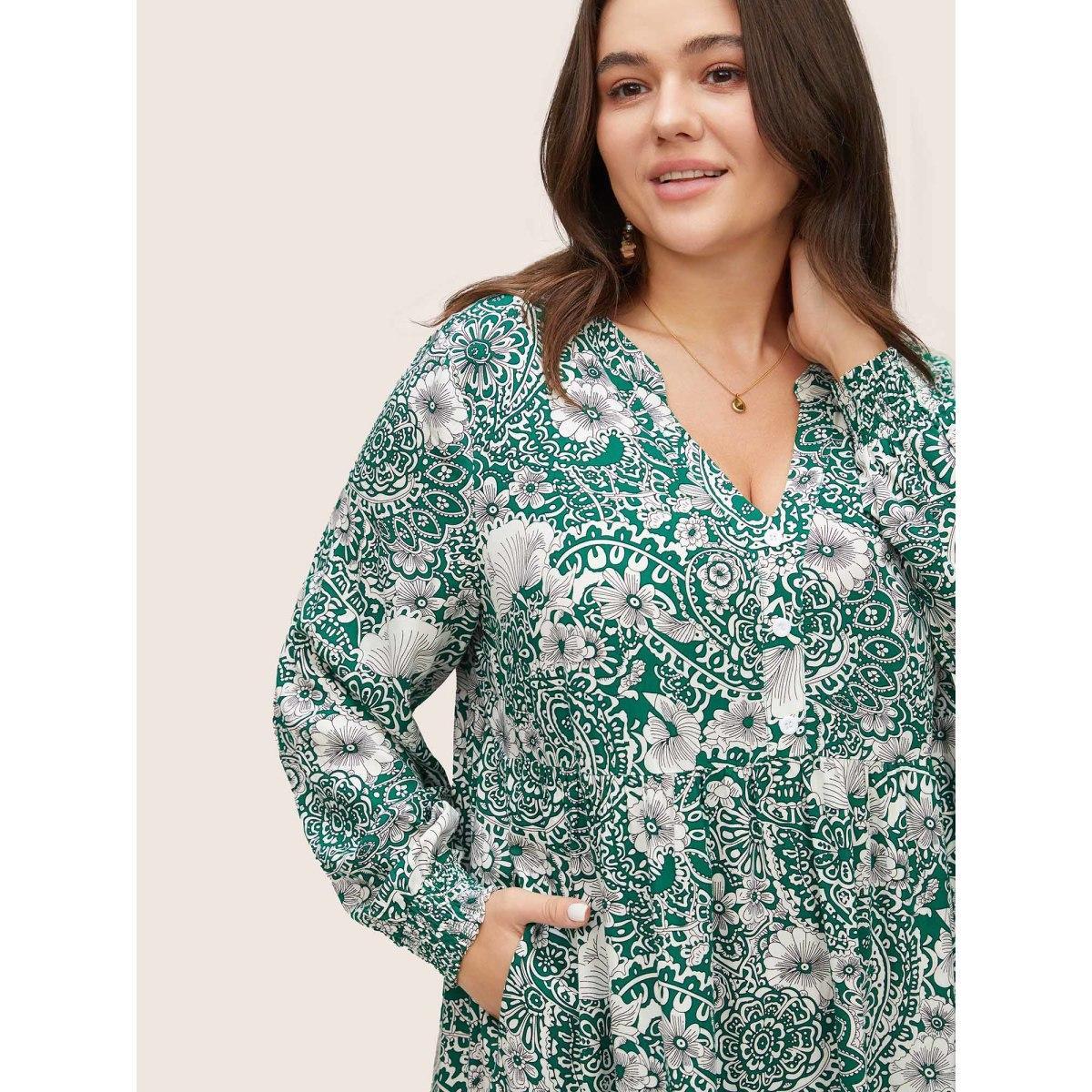 Plus Size Floral Shirred Button Detail Lantern Sleeve Dress Emerald Women Resort Non Notched collar Long Sleeve Curvy Midi Dress BloomChic 12/L Product Image